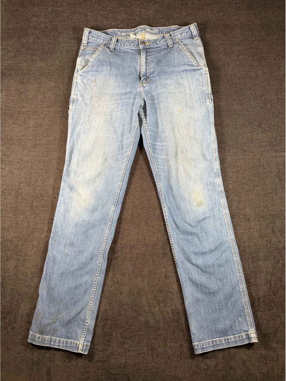 Carhartt Men's Light Blue Denim Work Jeans with Distressed Details, Size 34x34